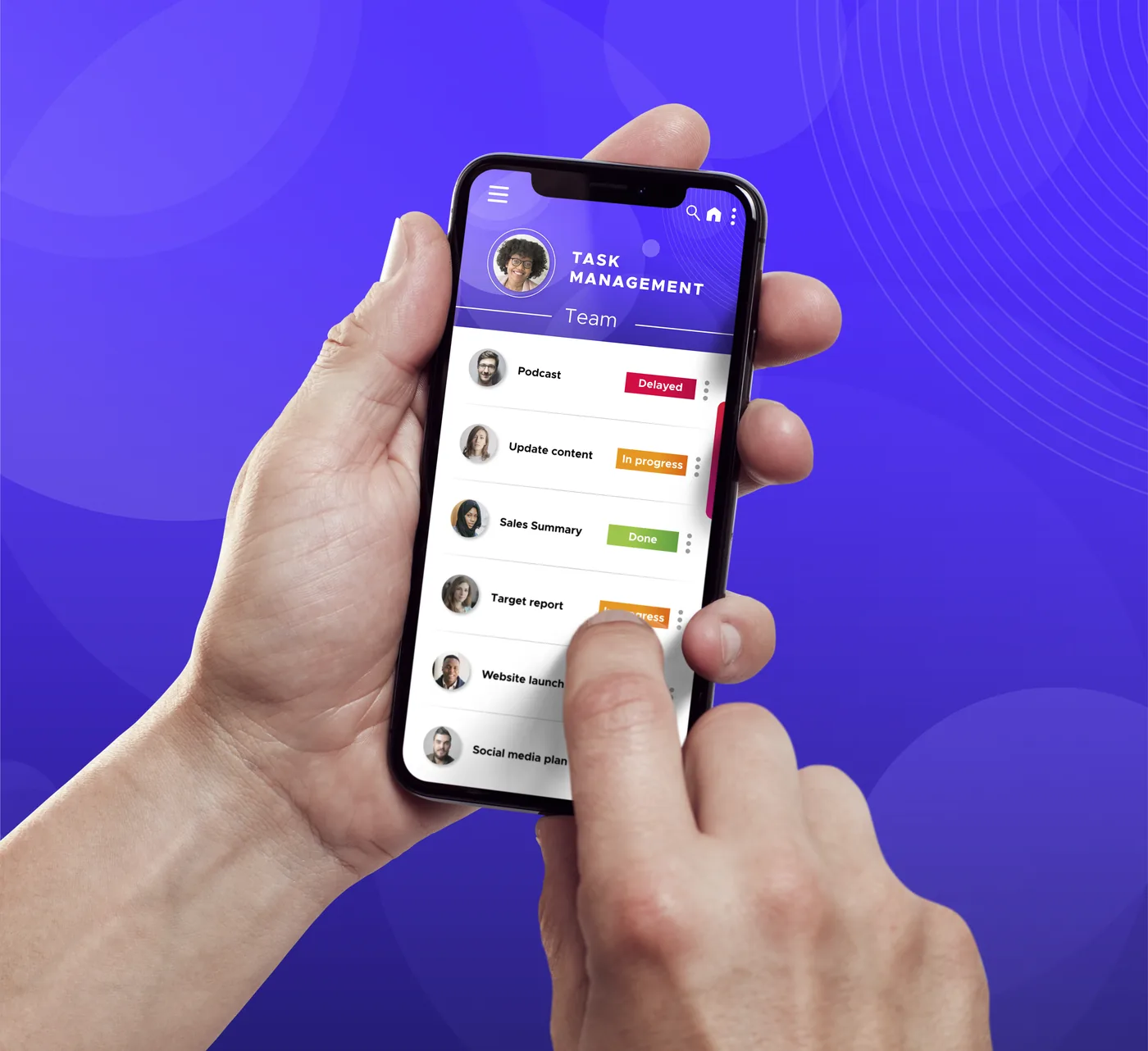 A hand holding a phone open at the Pocket App task management screen, with team tasks marked Delayed, In progress and Done