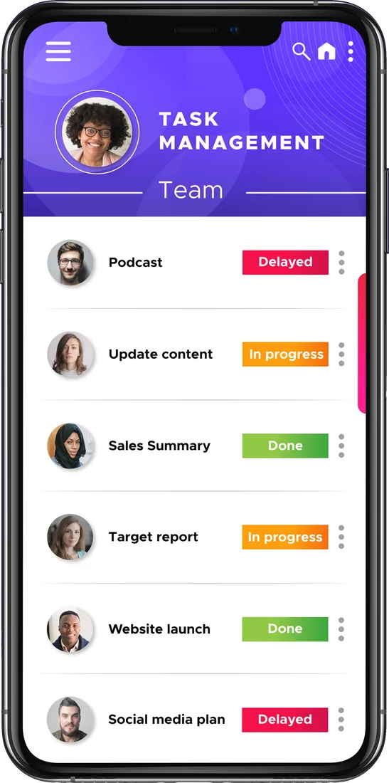 Pocket App Task Management screen listing team tasks, each with a status of Delayed, In progress or Done